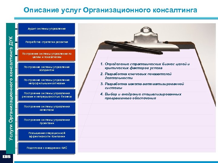 Описание услуг Организационного консалтинга Услуги Организационного консалтинга ДУК Аудит системы управления Разработка стратегии развития