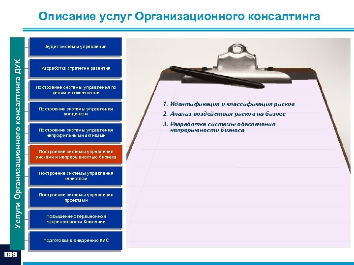 Описание услуг Организационного консалтинга Услуги Организационного консалтинга ДУК Аудит системы управления Разработка стратегии развития