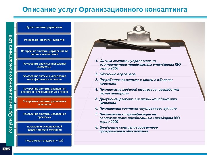 Описание услуг Организационного консалтинга Услуги Организационного консалтинга ДУК Аудит системы управления Разработка стратегии развития