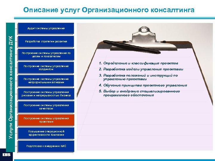 Описание услуг Организационного консалтинга Услуги Организационного консалтинга ДУК Аудит системы управления Разработка стратегии развития