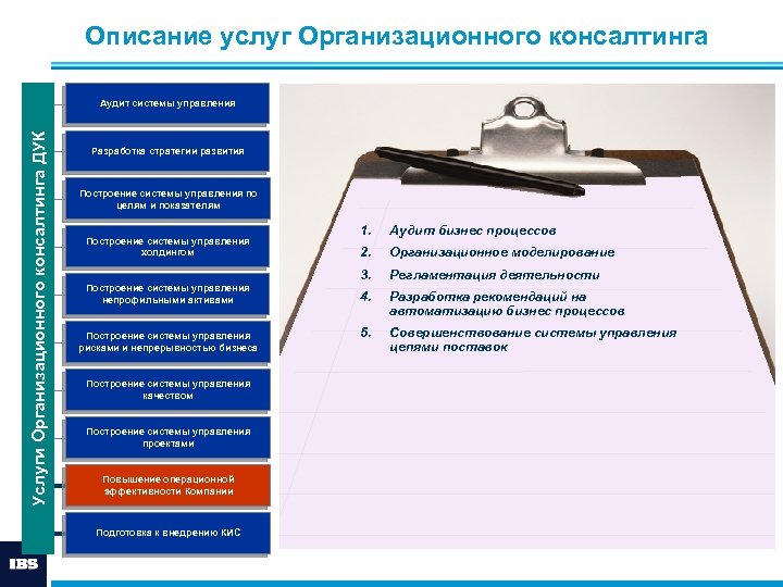 Описание услуг Организационного консалтинга Услуги Организационного консалтинга ДУК Аудит системы управления Разработка стратегии развития