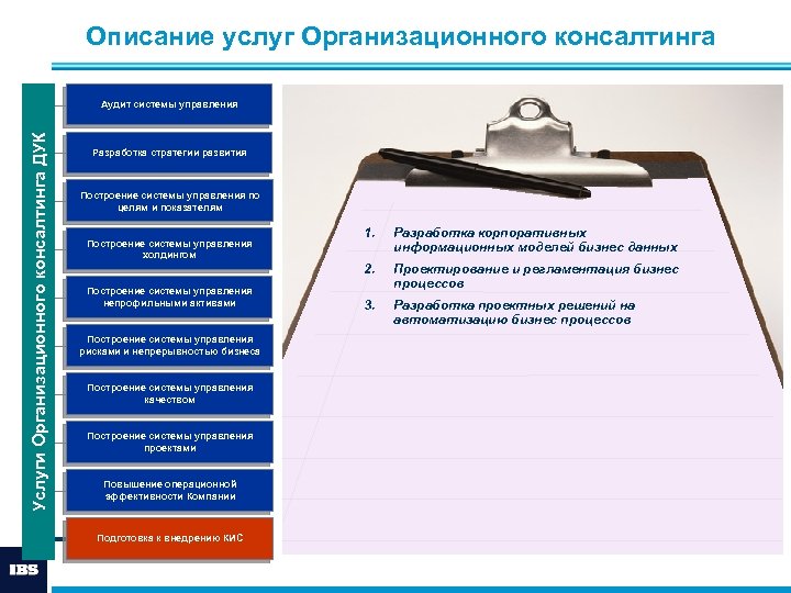 Описание услуг Организационного консалтинга Услуги Организационного консалтинга ДУК Аудит системы управления Разработка стратегии развития