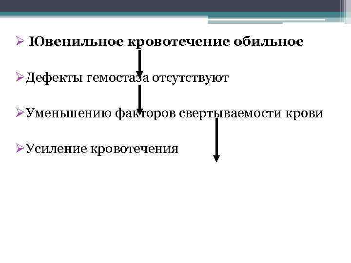 Ø Ювенильное кровотечение обильное ØДефекты гемостаза отсутствуют ØУменьшению факторов свертываемости крови ØУсиление кровотечения 