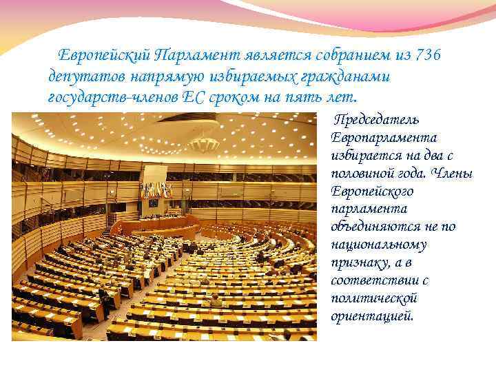 Европейский Парламент является собранием из 736 депутатов напрямую избираемых гражданами государств-членов ЕС сроком на