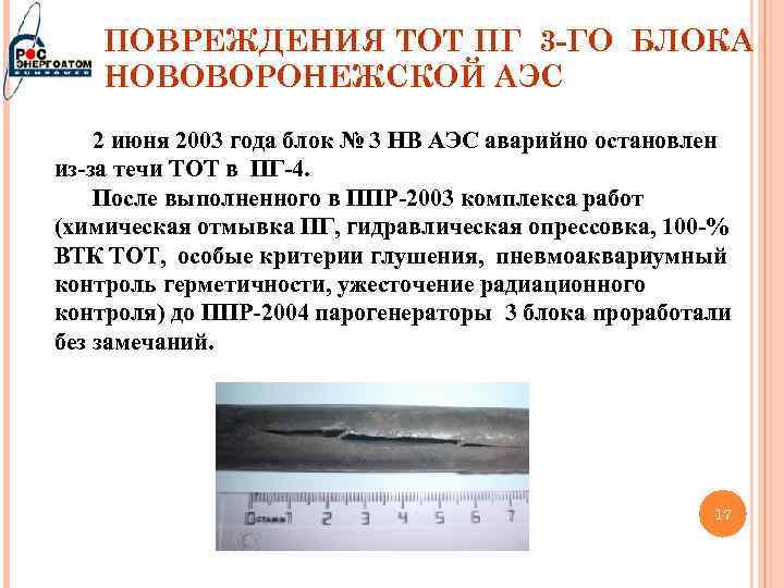 ПОВРЕЖДЕНИЯ ТОТ ПГ 3 -ГО БЛОКА НОВОВОРОНЕЖСКОЙ АЭС 2 июня 2003 года блок №