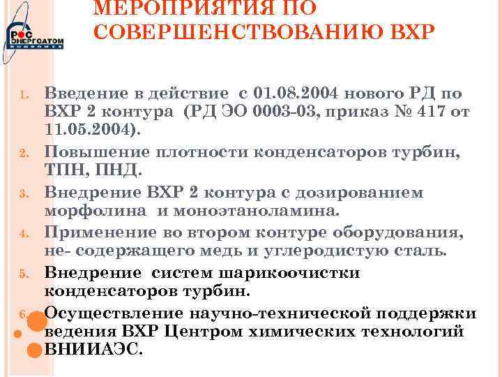 МЕРОПРИЯТИЯ ПО СОВЕРШЕНСТВОВАНИЮ ВХР 1. 2. 3. 4. 5. 6. Введение в действие с