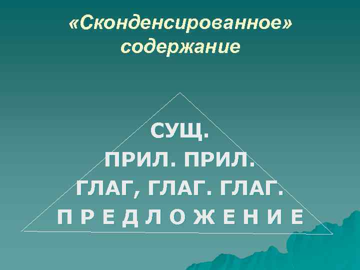  «Сконденсированное» содержание СУЩ. ПРИЛ. ГЛАГ, ГЛАГ. ПРЕДЛОЖЕНИЕ 