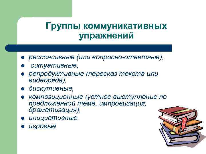 Группы коммуникативных упражнений l l l l респонсивные (или вопросно-ответные), ситуативные, репродуктивные (пересказ текста