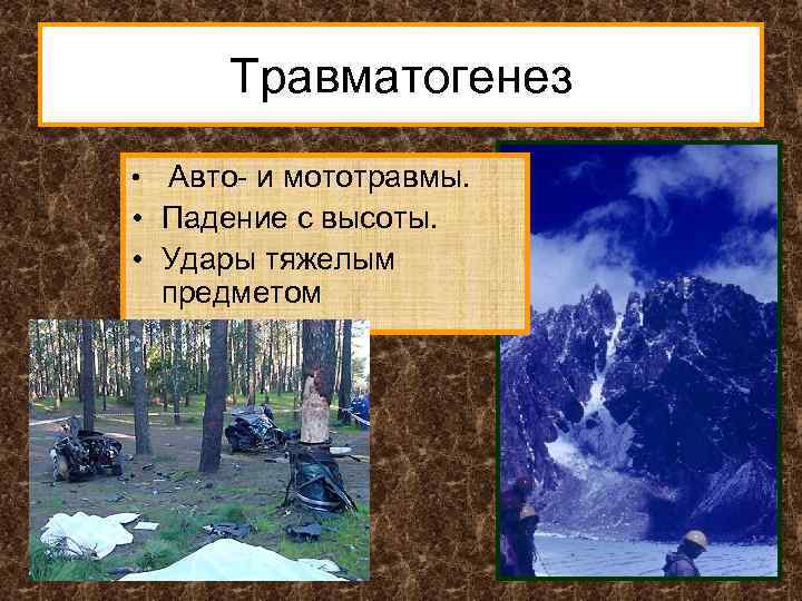 Травматогенез Авто- и мототравмы. • Падение с высоты. • Удары тяжелым предметом • 