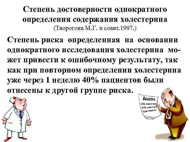 Степень достоверности однократного определения содержания холестерина (Творогова М. Г. и соавт. 1997. ) Степень