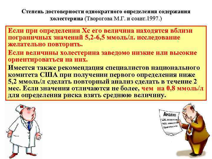 Степень достоверности однократного определения содержания холестерина (Творогова М. Г. и соавт. 1997. ) Если