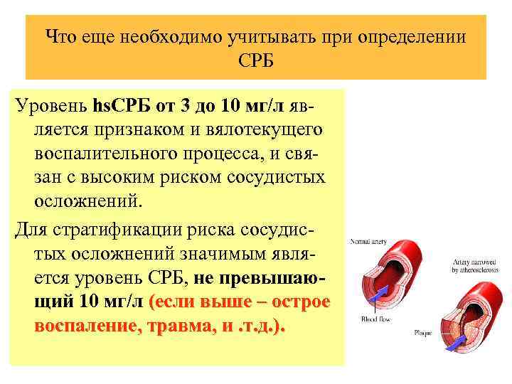 Что еще необходимо учитывать при определении СРБ Уровень hs. СРБ от 3 до 10