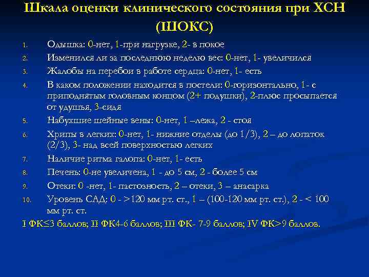Шкала оценки клинического состояния при ХСН (ШОКС) Одышка: 0 -нет, 1 -при нагрузке, 2