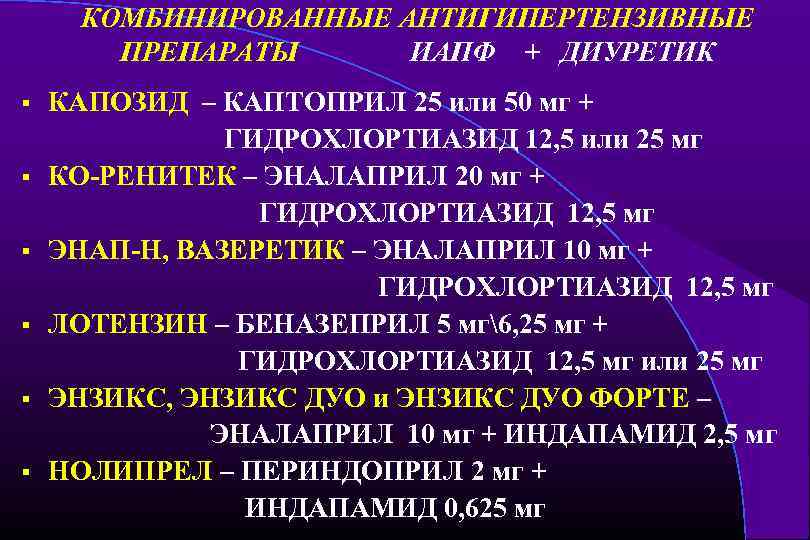 КОМБИНИРОВАННЫЕ АНТИГИПЕРТЕНЗИВНЫЕ ПРЕПАРАТЫ ИАПФ + ДИУРЕТИК § § § КАПОЗИД – КАПТОПРИЛ 25 или