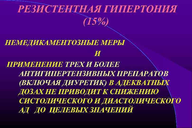 РЕЗИСТЕНТНАЯ ГИПЕРТОНИЯ (15%) НЕМЕДИКАМЕНТОЗНЫЕ МЕРЫ И ПРИМЕНЕНИЕ ТРЕХ И БОЛЕЕ АНТИГИПЕРТЕНЗИВНЫХ ПРЕПАРАТОВ (ВКЛЮЧАЯ ДИУРЕТИК)