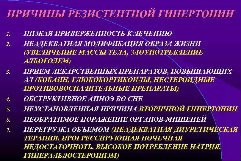 ПРИЧИНЫ РЕЗИСТЕНТНОЙ ГИПЕРТОНИИ 1. 2. 3. 4. 5. 6. 7. НИЗКАЯ ПРИВЕРЖЕННОСТЬ К ЛЕЧЕНИЮ