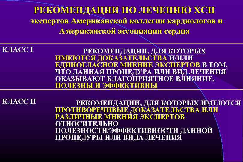 РЕКОМЕНДАЦИИ ПО ЛЕЧЕНИЮ ХСН экспертов Американской коллегии кардиологов и Американской ассоциации сердца КЛАСС I