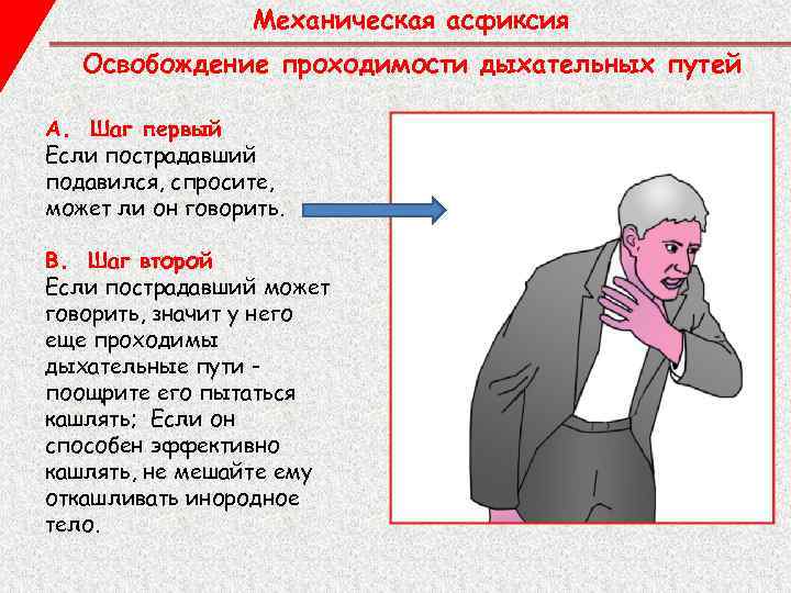 Механическая асфиксия Освобождение проходимости дыхательных путей A. Шаг первый Если пострадавший подавился, спросите, может