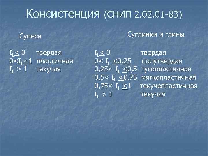 Консистенция (СНИП 2. 01 -83) Супеси IL< 0 твердая 0<IL<1 пластичная IL > 1