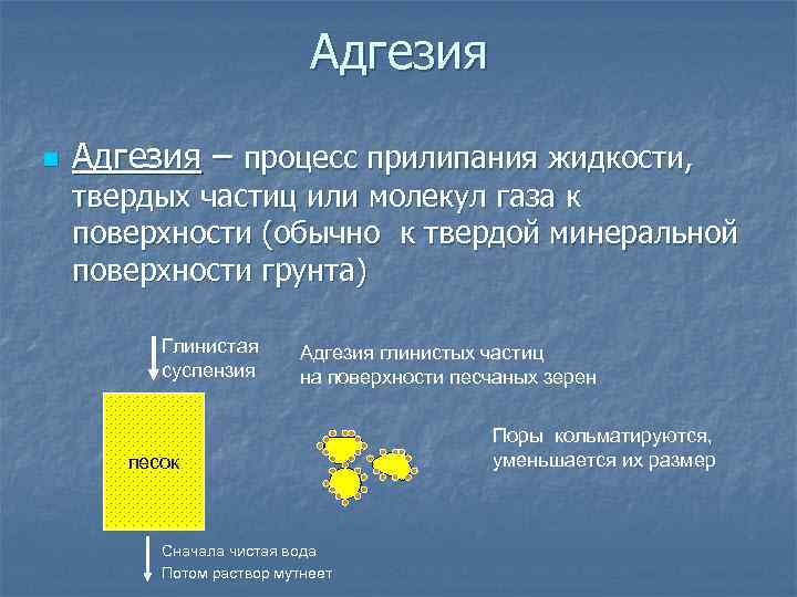 Адгезия n Адгезия – процесс прилипания жидкости, твердых частиц или молекул газа к поверхности