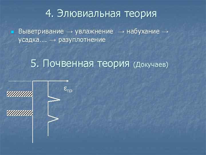4. Элювиальная теория n Выветривание → увлажнение → набухание → усадка…. → разуплотнение 5.