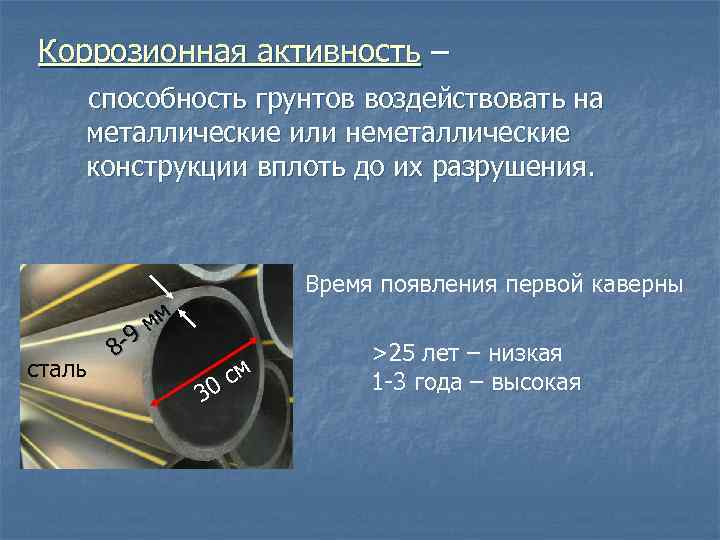 Коррозионная активность – способность грунтов воздействовать на металлические или неметаллические конструкции вплоть до их