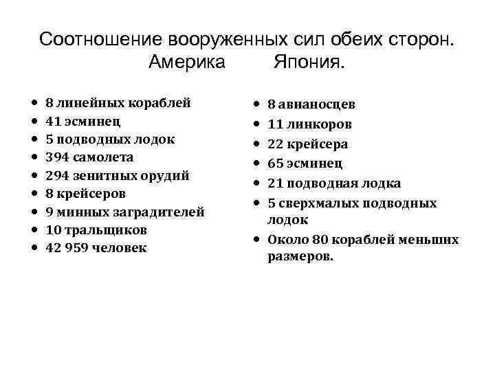 Соотношение вооруженных сил обеих сторон. Америка Япония. 8 линейных кораблей 41 эсминец 5 подводных