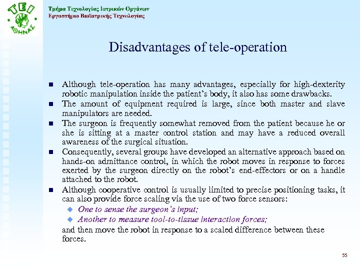 Disadvantages of tele-operation n n Although tele-operation has many advantages, especially for high-dexterity robotic
