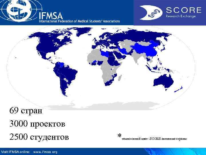 69 стран 3000 проектов 2500 студентов * темно-синий цвет: SCORE активные страны 