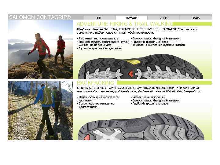 SALOMON CONTAGRIP® БЕГ ПОХОДЫ ЗИМА ВОДА ADVENTURE HIKING & TRAIL WALKING Подошвы моделей X-ULTRA,