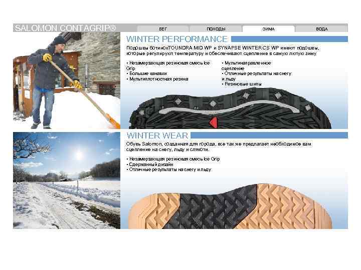 SALOMON CONTAGRIP® БЕГ ПОХОДЫ ЗИМА ВОДА WINTER PERFORMANCE Подошвы ботинок. TOUNDRA MID WP и