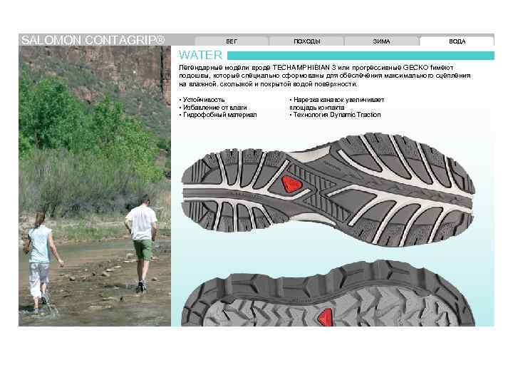 SALOMON CONTAGRIP® БЕГ ПОХОДЫ ЗИМА ВОДА WATER Легендарные модели вроде TECHAMPHIBIAN 3 или прогрессивные