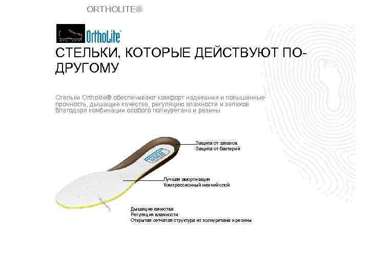 ORTHOLITE® СТЕЛЬКИ, КОТОРЫЕ ДЕЙСТВУЮТ ПОДРУГОМУ Стельки Ortholite® обеспечивают комфорт надевания и повышенные прочность, дышащие