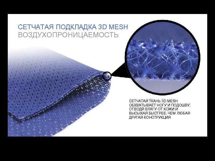 СЕТЧАТАЯ ПОДКЛАДКА 3 D MESH ВОЗДУХОПРОНИЦАЕМОСТЬ СЕТЧАТАЯ ТКАНЬ 3 D MESH ОБХВАТЫВАЕТ НОГУ И