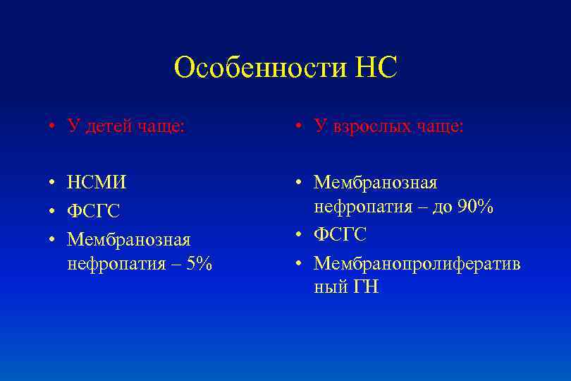 Особенности НС • У детей чаще: • У взрослых чаще: • НСМИ • ФСГС