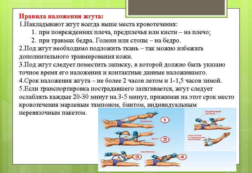 Правила наложения жгута: 1. Накладывают жгут всегда выше места кровотечения: 1. при повреждениях плеча,