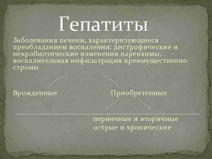 Гепатиты Заболевания печени, характеризующиеся преобладанием воспаления: дистрофические и некробиотические изменения паренхимы, воспалительная инфильтрация преимущественно