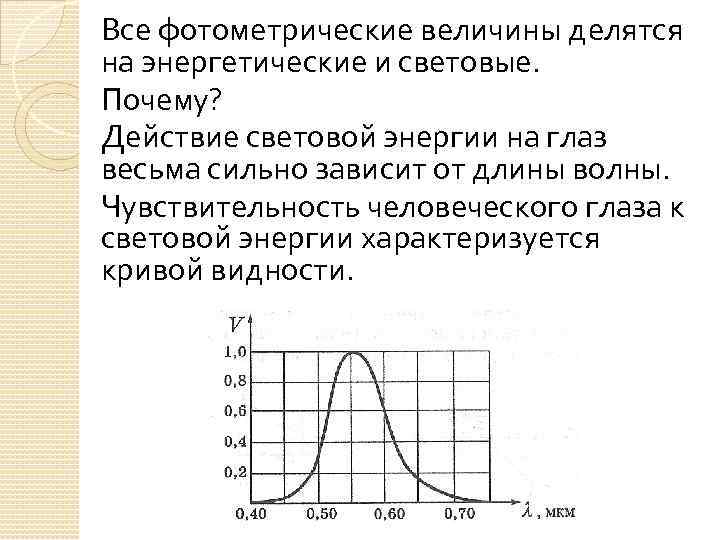 Все фотометрические величины делятся на энергетические и световые. Почему? Действие световой энергии на глаз