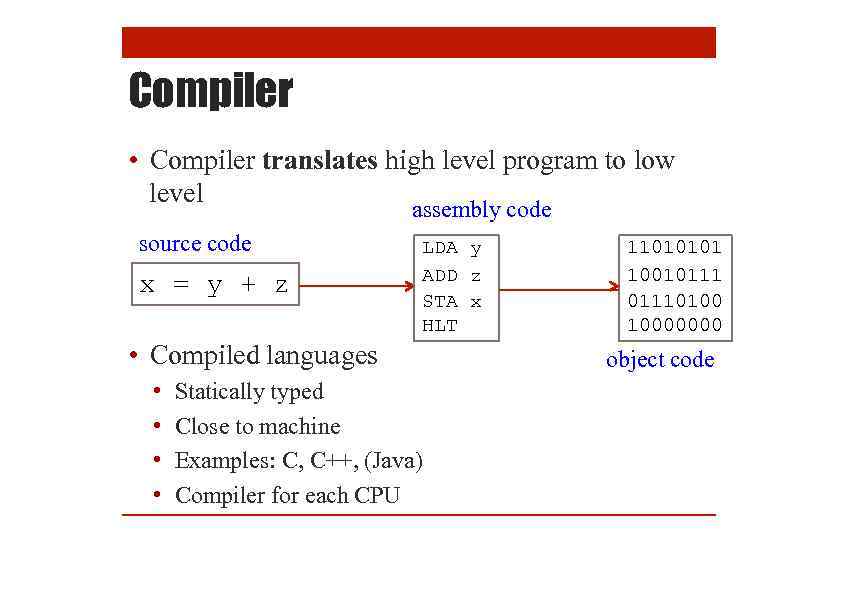 Compiler • Compiler translates high level program to low level assembly code source code