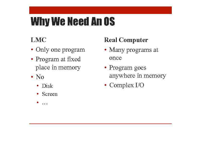 Why We Need An OS LMC • Only one program • Program at fixed
