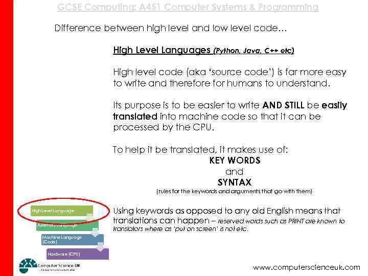 GCSE Computing: A 451 Computer Systems & Programming Difference between high level and low