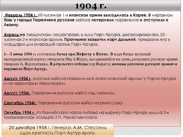 1904 г. Февраль 1904 г. 60 -тысячная 1 -я японская армия высадилась в Корее.