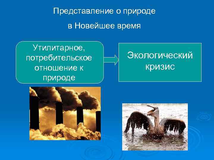 Представление о природе в Новейшее время Утилитарное, потребительское отношение к природе Экологический кризис 