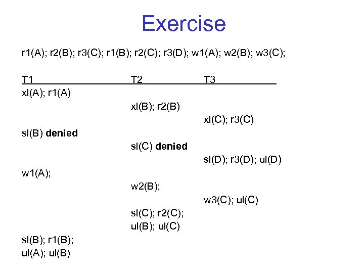 Exercise r 1(A); r 2(B); r 3(C); r 1(B); r 2(C); r 3(D); w