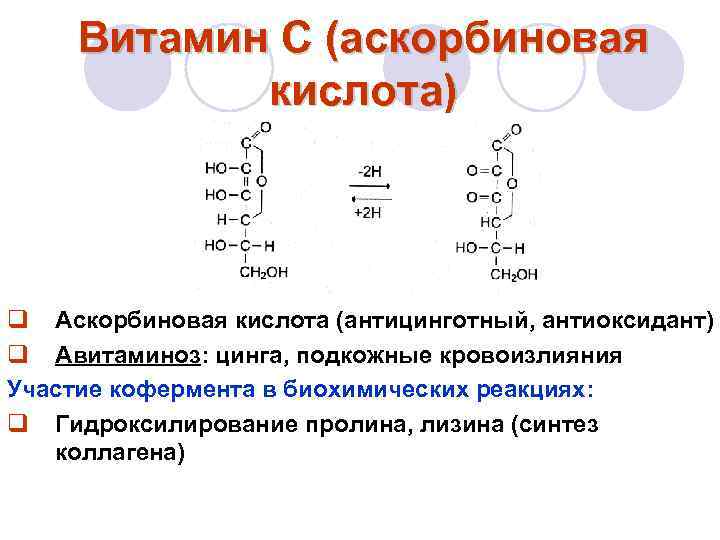 Витамин С (аскорбиновая кислота) q Аскорбиновая кислота (антицинготный, антиоксидант) q Авитаминоз: цинга, подкожные кровоизлияния