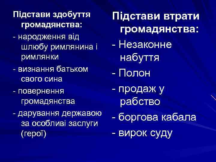 Підстави здобуття громадянства: - народження від шлюбу римлянина і римлянки - визнання батьком свого