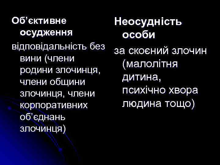 Об’єктивне Неосудність осудження особи відповідальність без за скоєний злочин вини (члени (малолітня родини злочинця,