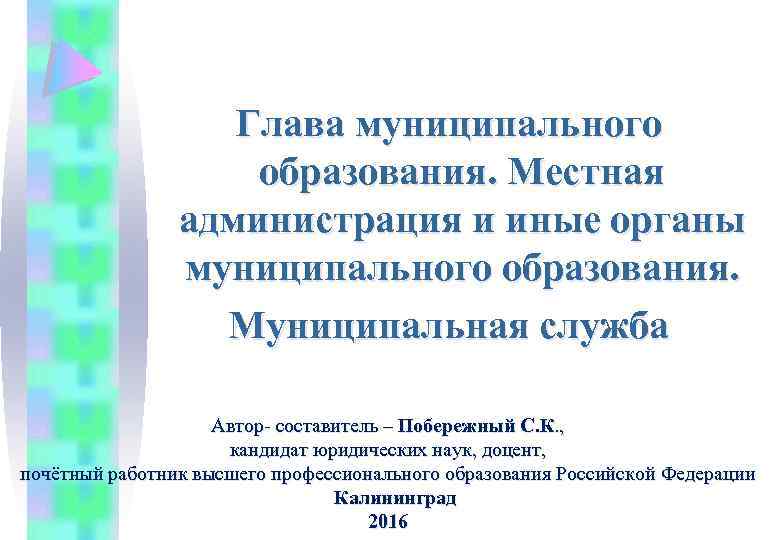 Глава муниципального образования. Местная администрация и иные органы муниципального образования. Муниципальная служба Автор- составитель