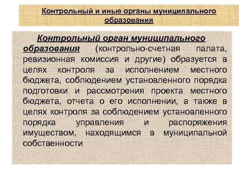 Контрольный и иные органы муниципального образования Контрольный орган муниципального образования (контрольно-счетная палата, ревизионная комиссия