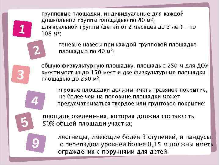 групповые площадки, индивидуальные для каждой дошкольной группы площадью по 80 м 2, для ясельной
